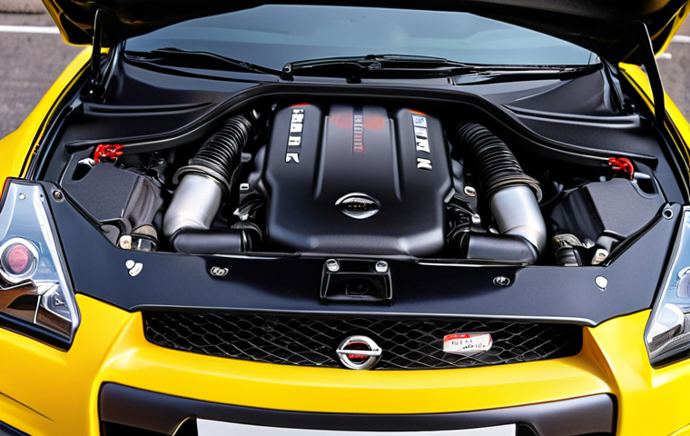 **Prompt:** A close-up shot of a Nissan GT-R's engine bay. Focus on the details, highlighting potential areas of concern for used car buyers: oil leaks, aftermarket parts, or signs of wear. Capture the complexity of the VR38DETT engine.